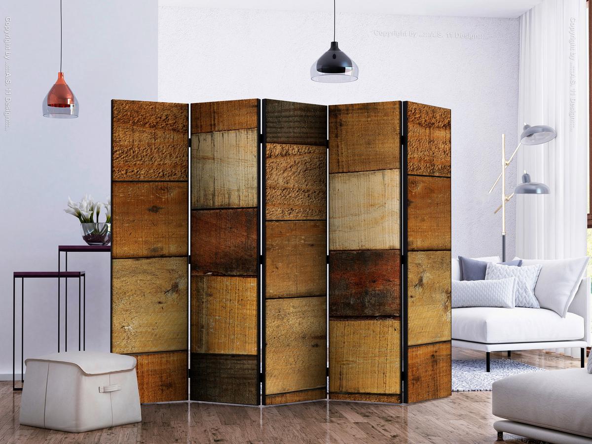 Paravan Wooden Textures I, 5-Delni, Enostranski - barve konjaka/rjava, Basics, tekstil/les (225/172/3cm) - artgeist