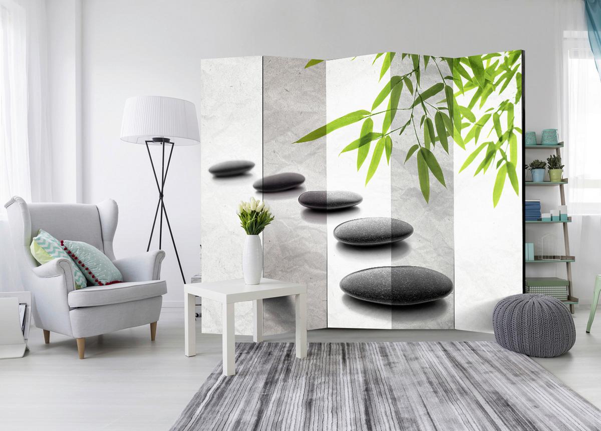 Paravan Zen Stones I, 5-Delni, Dvostranski - zelena/sivobela, Moderno, tekstil/les (225/172/3cm) - artgeist