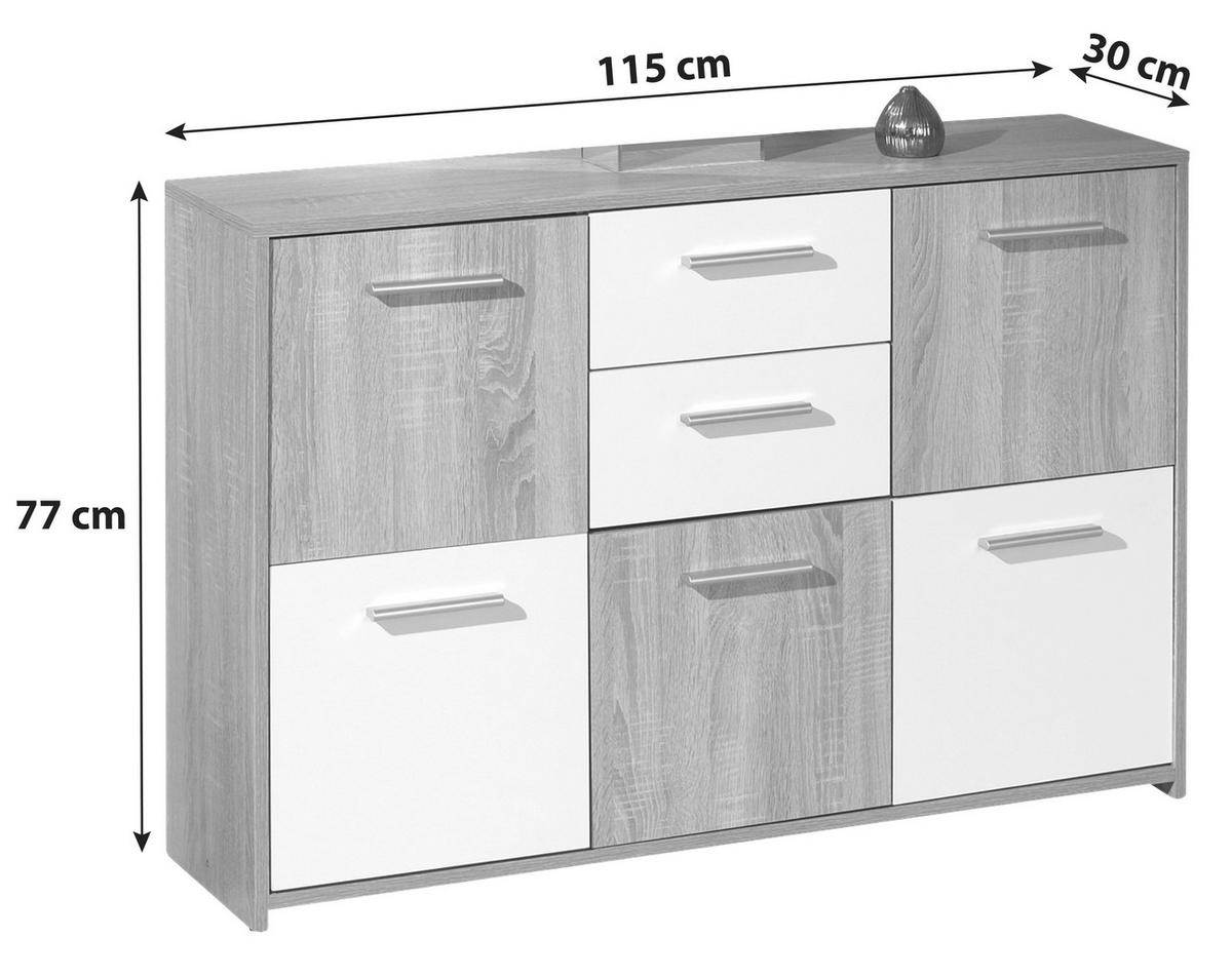 Kommode Elvezia Weiß/Eiche - Weiß/Sonoma Eiche, Basics, Holzwerkstoff/Kunststoff (115/77/30cm) - MID.YOU