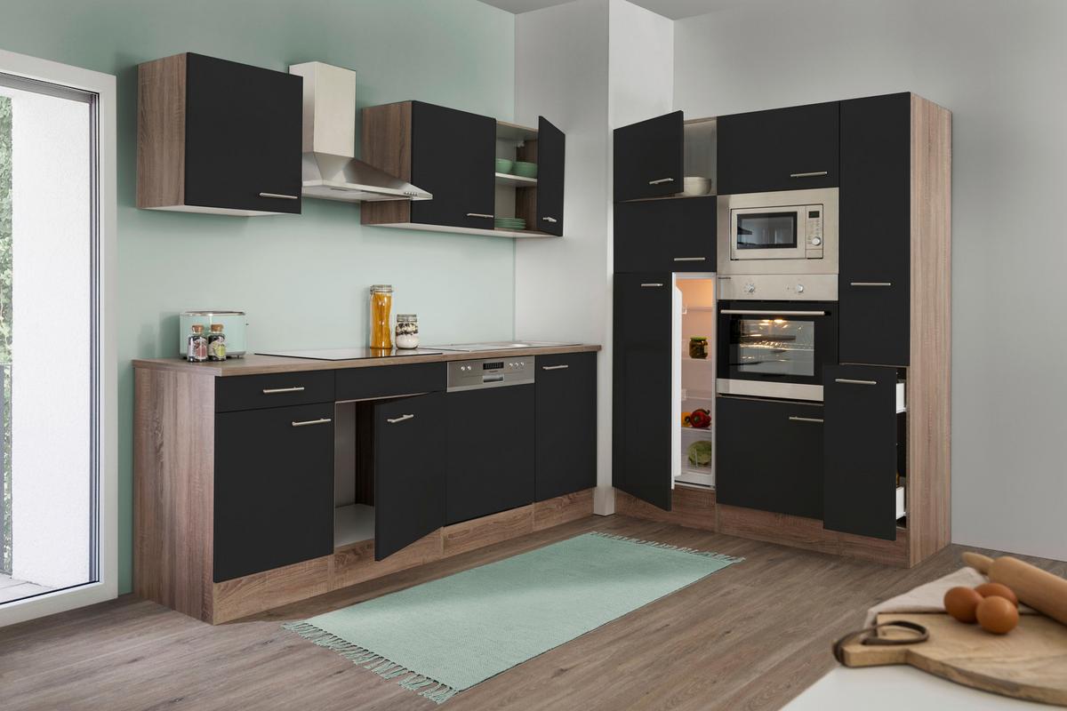 Küchenblock mit Geräten ca. 370 cm Schwarz/Eiche - Edelstahlfarben/Eichefarben, Design, Holzwerkstoff/Metall (370cm) - Respekta