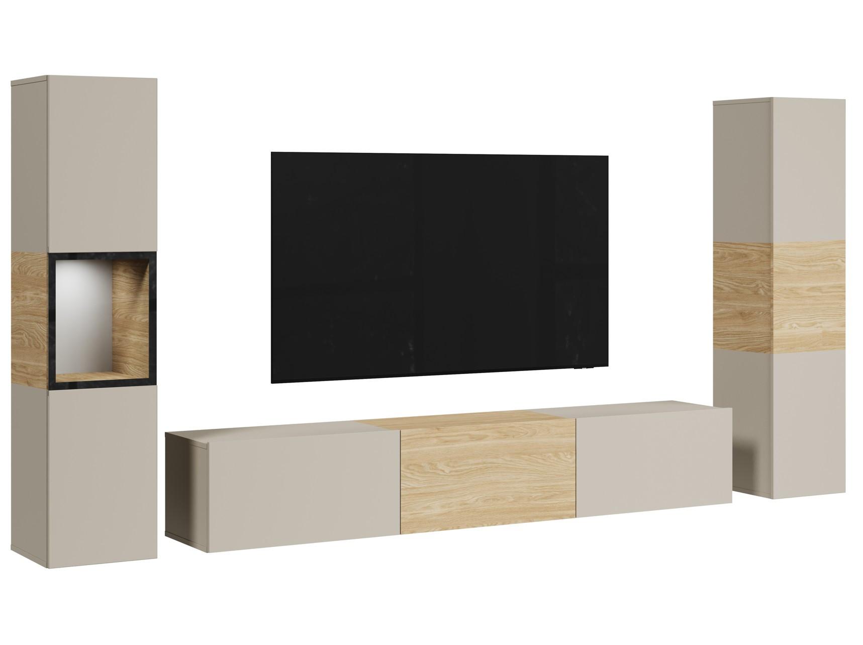 Ansamblu mobilier cameră de zi BERLIN - cașmir/culoare lemn stejar, Design, sticlă/material pe bază de lemn (240/130/31cm) - P & B
