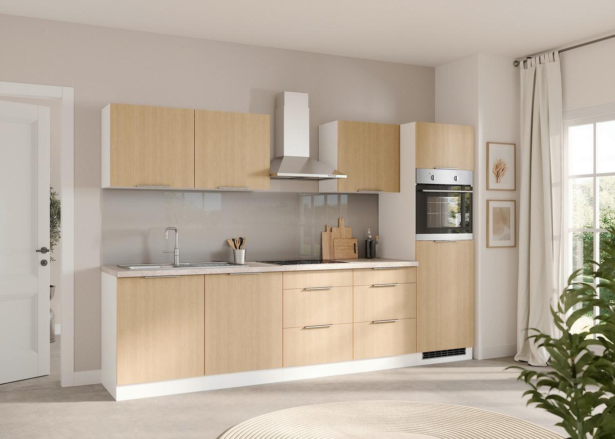 Küchenblock Glasgow m. Geräten Weiß/Eichefarben - Eichefarben/Beige, LIFESTYLE, Holzwerkstoff/Metall (300cm) - Held