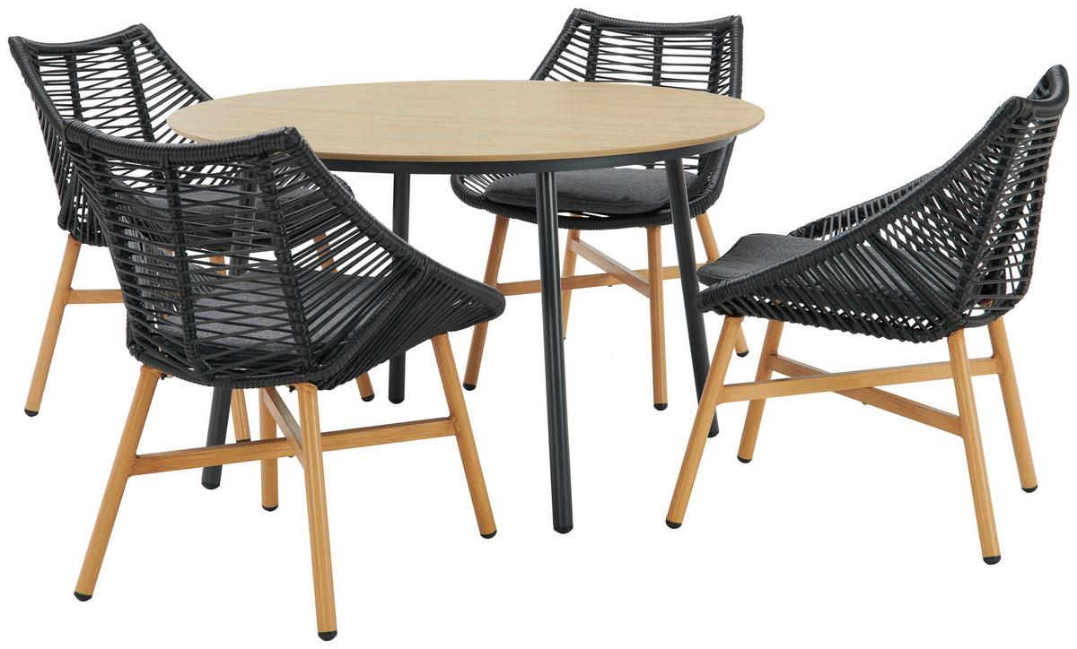 Gartentischgruppe Carmello Schwarz/Teakfarben - Anthrazit/Schwarz, Modern, Kunststoff/Textil - Mömax