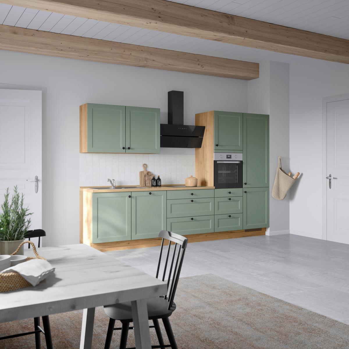 Küchenblock Cascada High m. Geräten Schilfgrün - Schilfgrün/Eichefarben, MODERN, Holzwerkstoff/Metall (330cm) - Nobilia