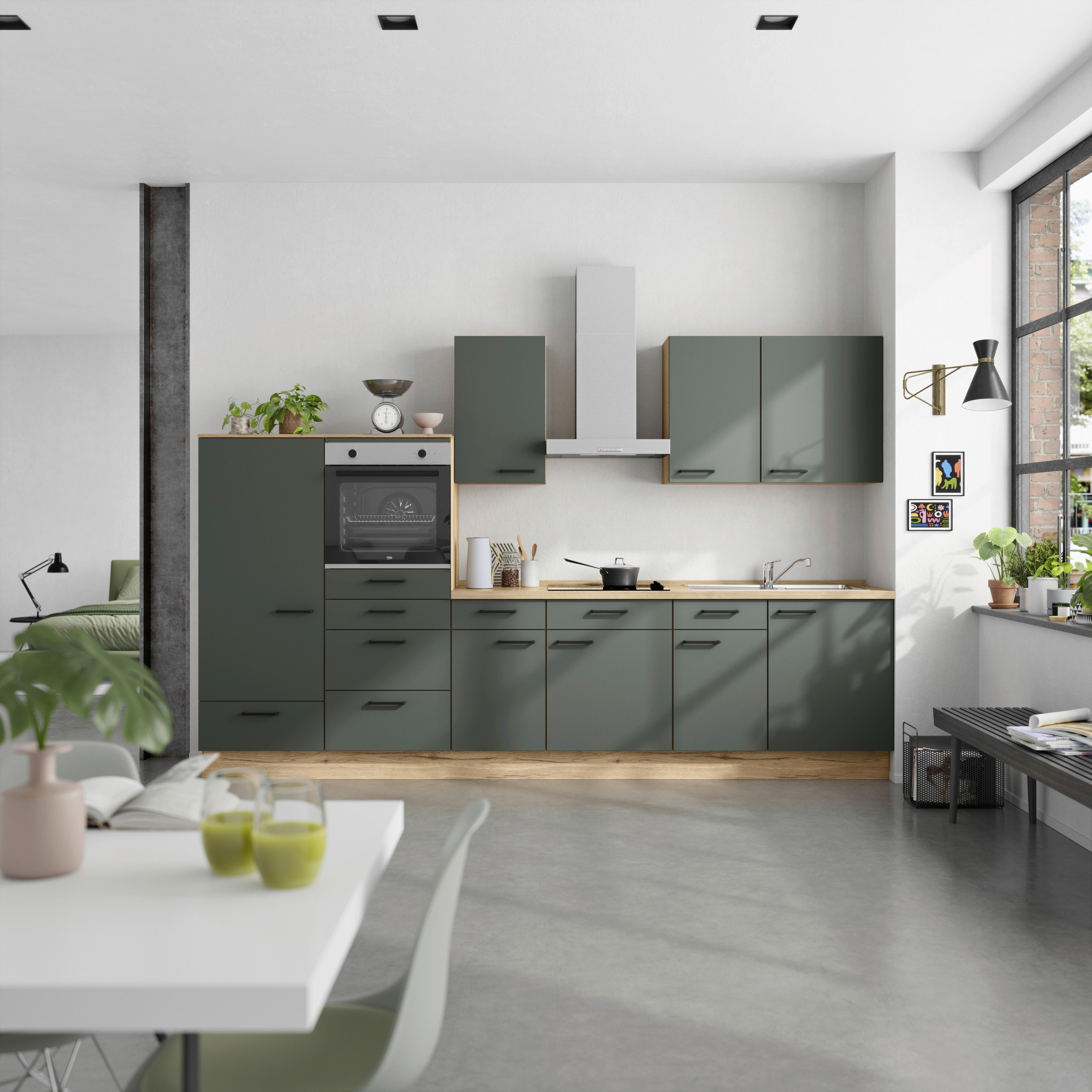 Küchenblock Easytouch Low m. Geräten Dunkelgrün - Dunkelgrün/Eichefarben, MODERN, Holzwerkstoff/Metall (330cm) - Nobilia