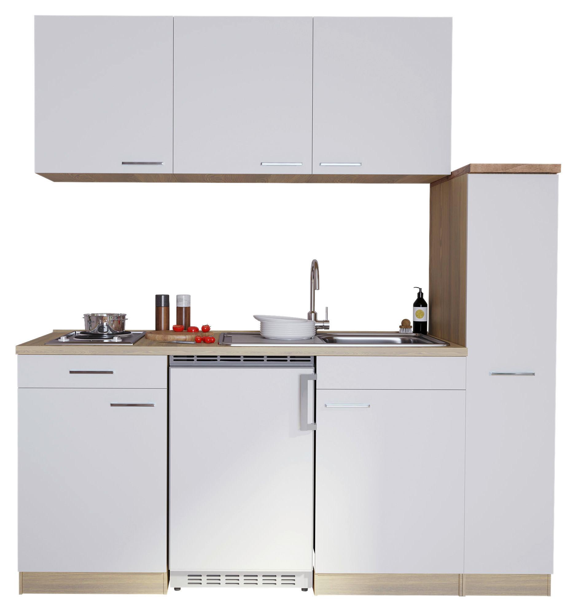 Miniküche Luis mit Geräten ca. 180 cm Weiß - Eichefarben/Alufarben, Basics, Holzwerkstoff/Kunststoff (180cm) - Respekta