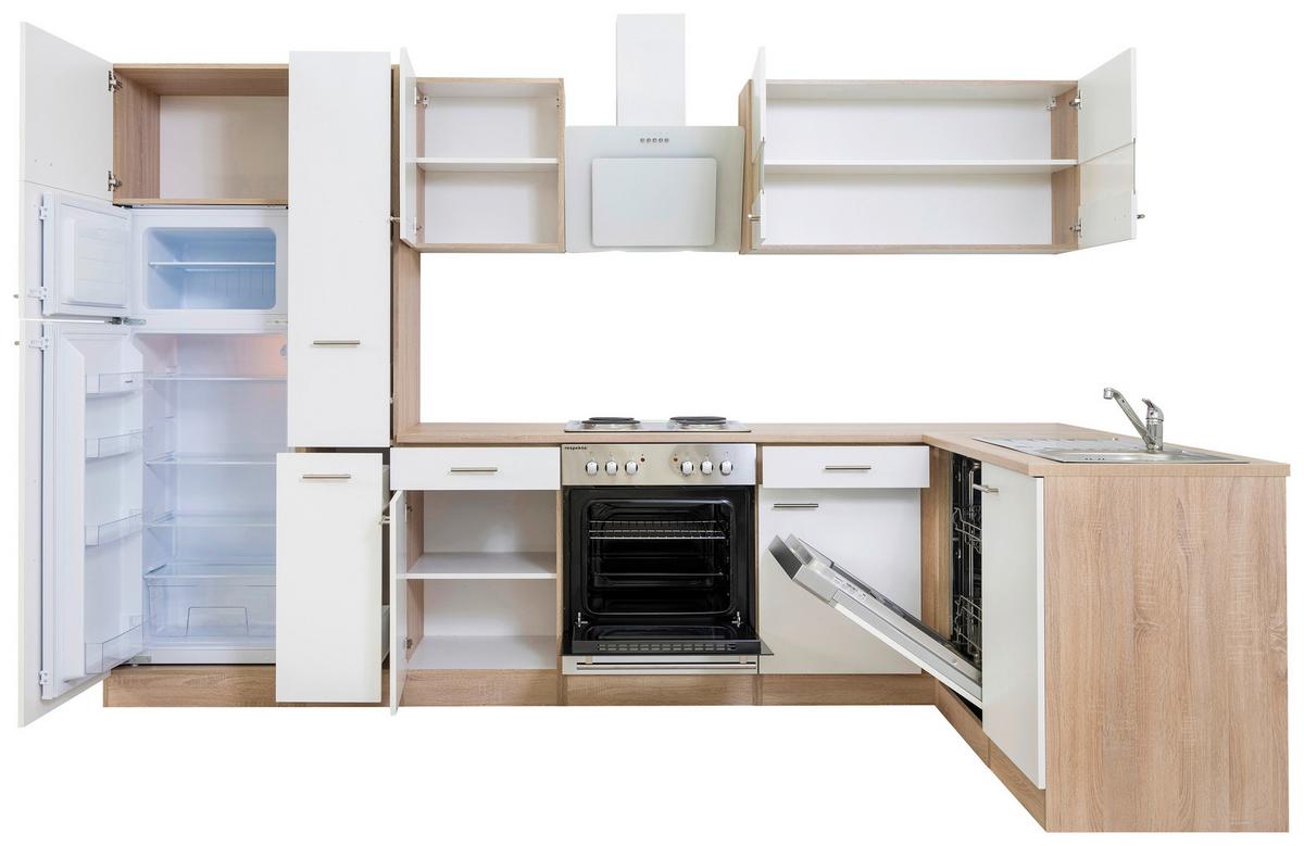 Eckküche Economy Weiß Eichefarben ca. 172x310 cm - Chromfarben/Eichefarben, Basics, Glas/Holzwerkstoff (172/310cm) - Respekta