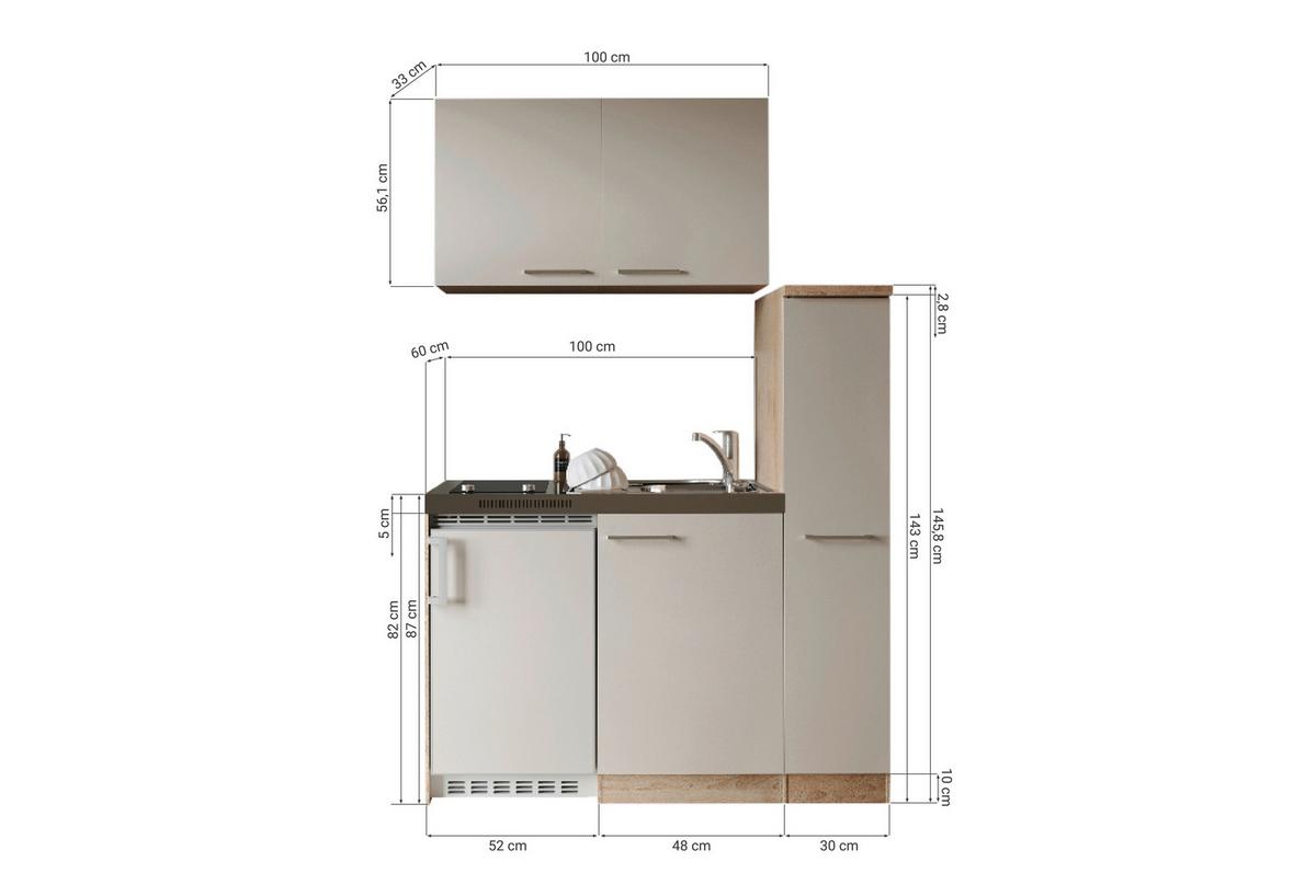 Miniküche Levin m. Geräten B: ca. 100cm Kaschmir - Kaschmir/Eichefarben, Trend, Holzwerkstoff/Kunststoff (130cm) - Respekta