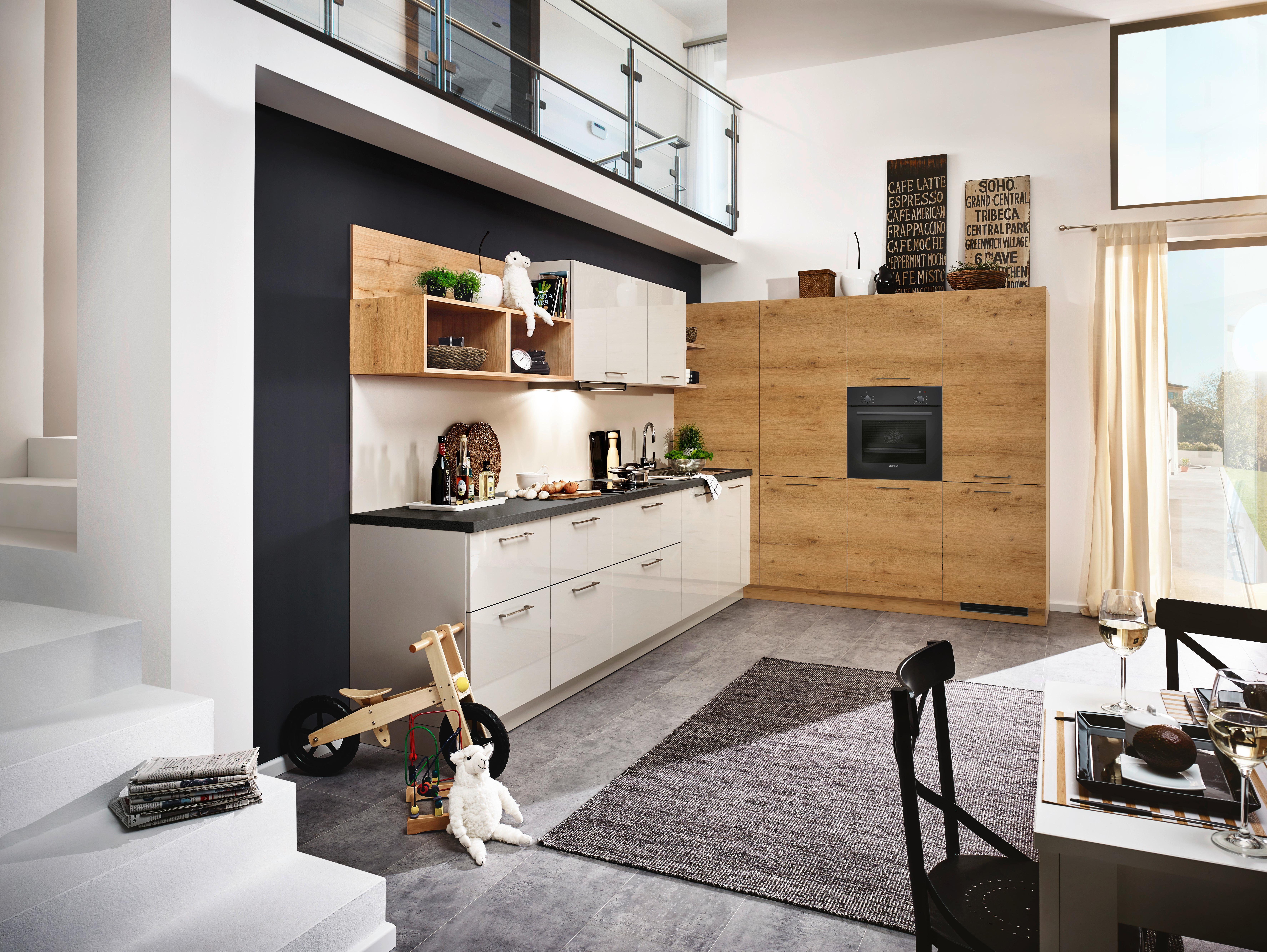 Einbauküche Lux Beige/wildeiche - Edelstahlfarben/Eichefarben, Modern, Holzwerkstoff (338,2/180cm) - Dieter Knoll