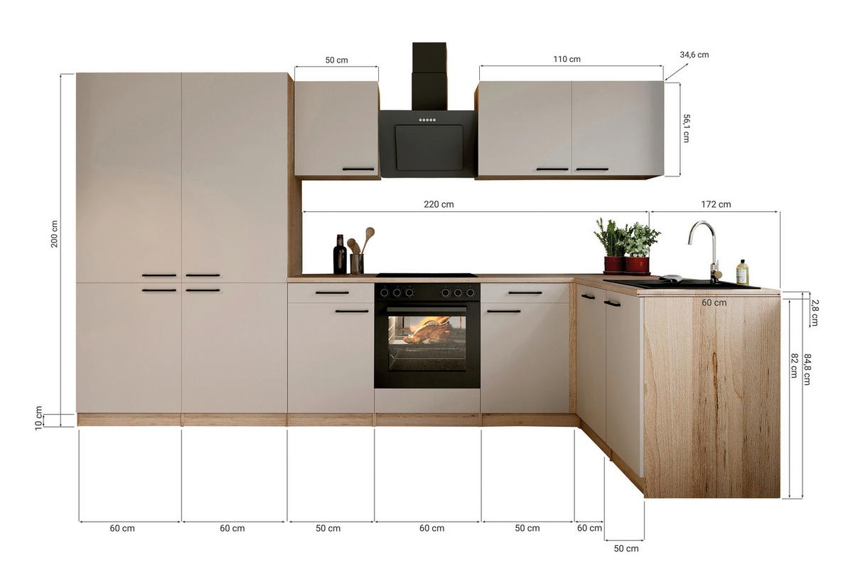 Eckküche Merle m. Geräten ca. 340x172cm Kaschmir - Kaschmir/Eichefarben, Trend, Holzwerkstoff/Metall (340/172cm) - Respekta