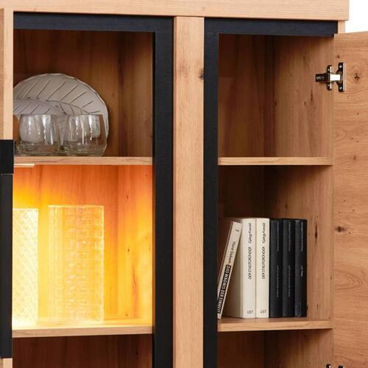 Vitrina Nyon - boje hrasta/crna, Moderno, staklo/drvni materijal (89/138,1/40,5cm) - Modern Living