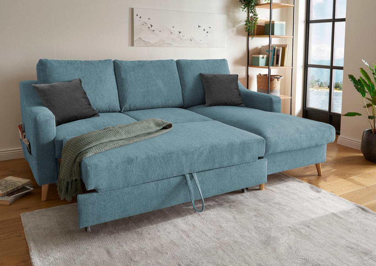 Wohnlandschaft Valentina Blau Mikrofaser - Blau/Schwarz, Design, Holz/Textil (228/150cm) - MID.YOU