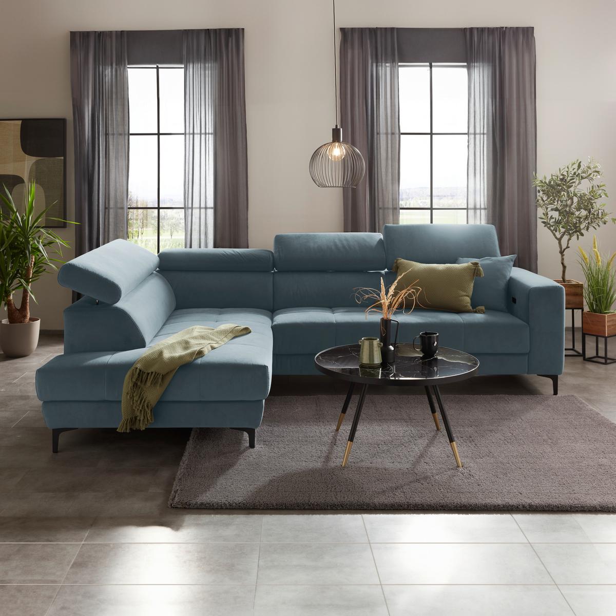 Ecksofa Emma links Hellblau - Schwarz/Hellblau, MODERN, Textil (210/47/301cm) - Premium Living