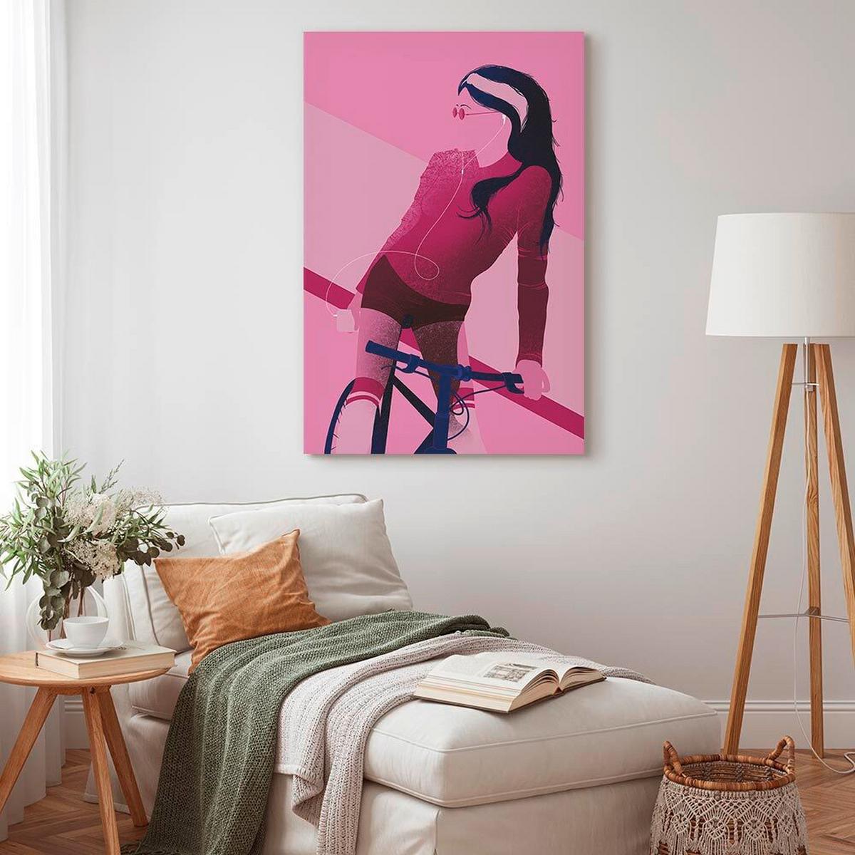 Slika Na Platnu Girl On Bicycle - magenta/pink, Basics, tekstil/les (80/120/1.2cm) - artgeist
