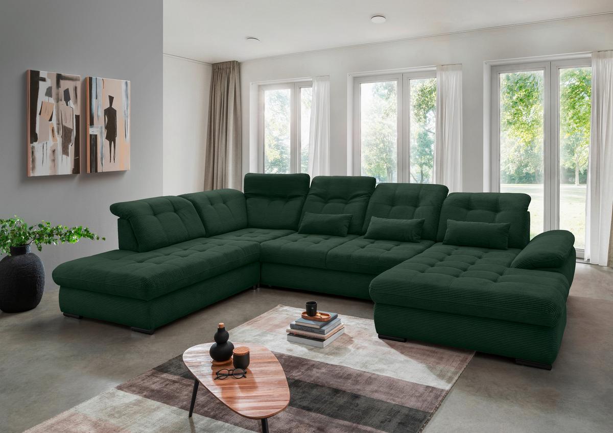 Wohnlandschaft Rigatti Dunkel Grün Cord mit Bettkasten - Dunkelgrün/Schwarz, MODERN, Textil/Metall (252/387/184cm) - Livetastic