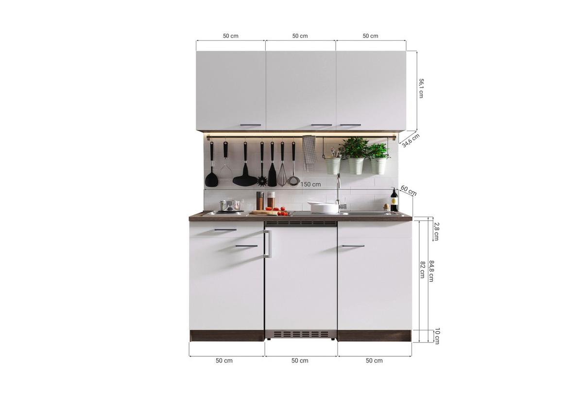 Miniküche Oliver m. Geräten B: ca. 150cm Weiß - Eichefarben/Alufarben, Basics, Holzwerkstoff/Kunststoff (150cm) - Respekta