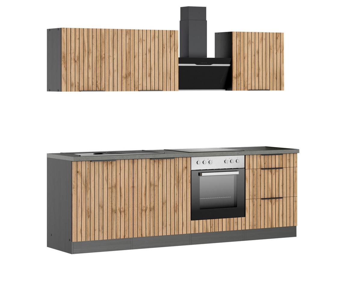 Küchenblock Liverpool m. Geräte Graphit/Eichefarben - Schieferfarben/Eiche Wotan, Basics, Holzwerkstoff/Metall (240cm) - Held