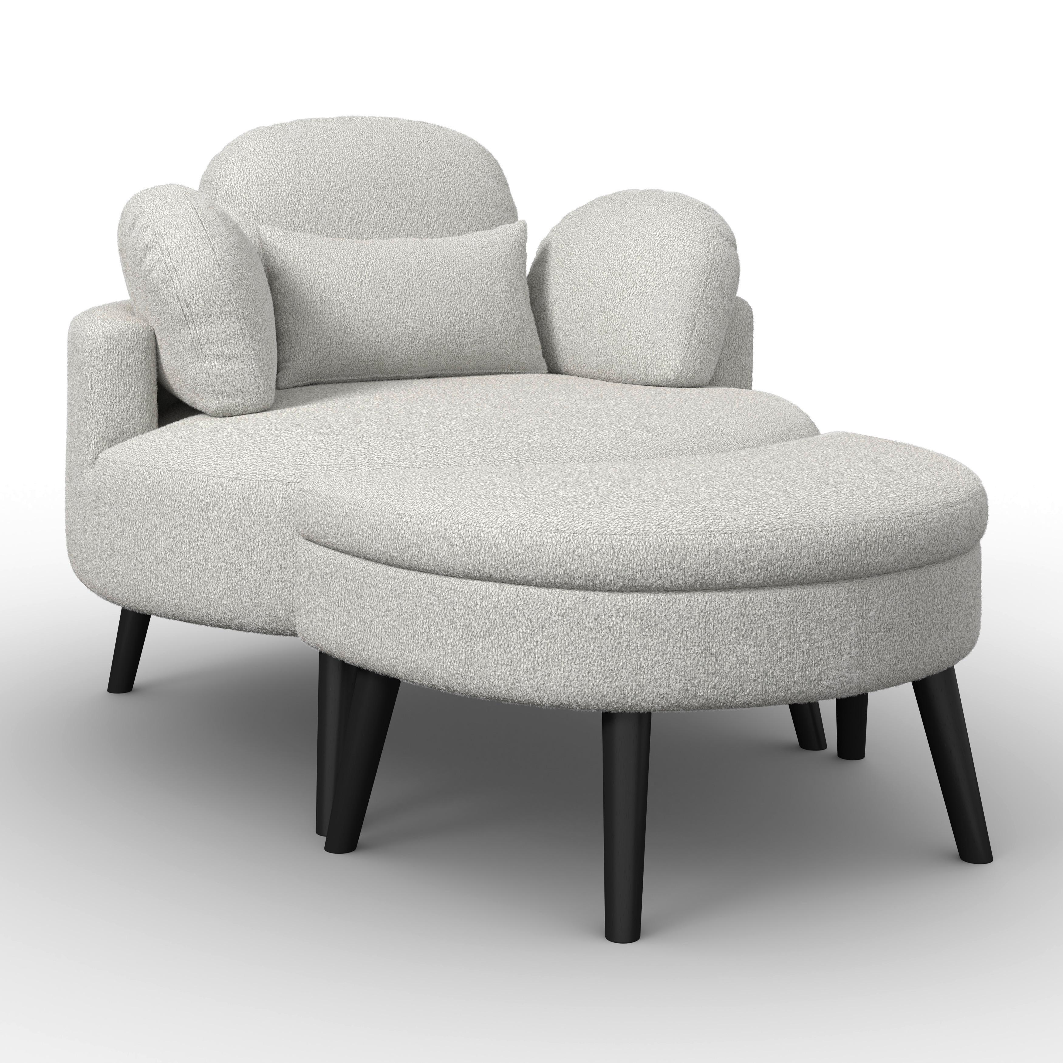 Sessel mit Hocker Bianca Grau Chenille - Naturfarben/Grau, MODERN, Holz/Textil (109/83/148cm) - Bessagi Home