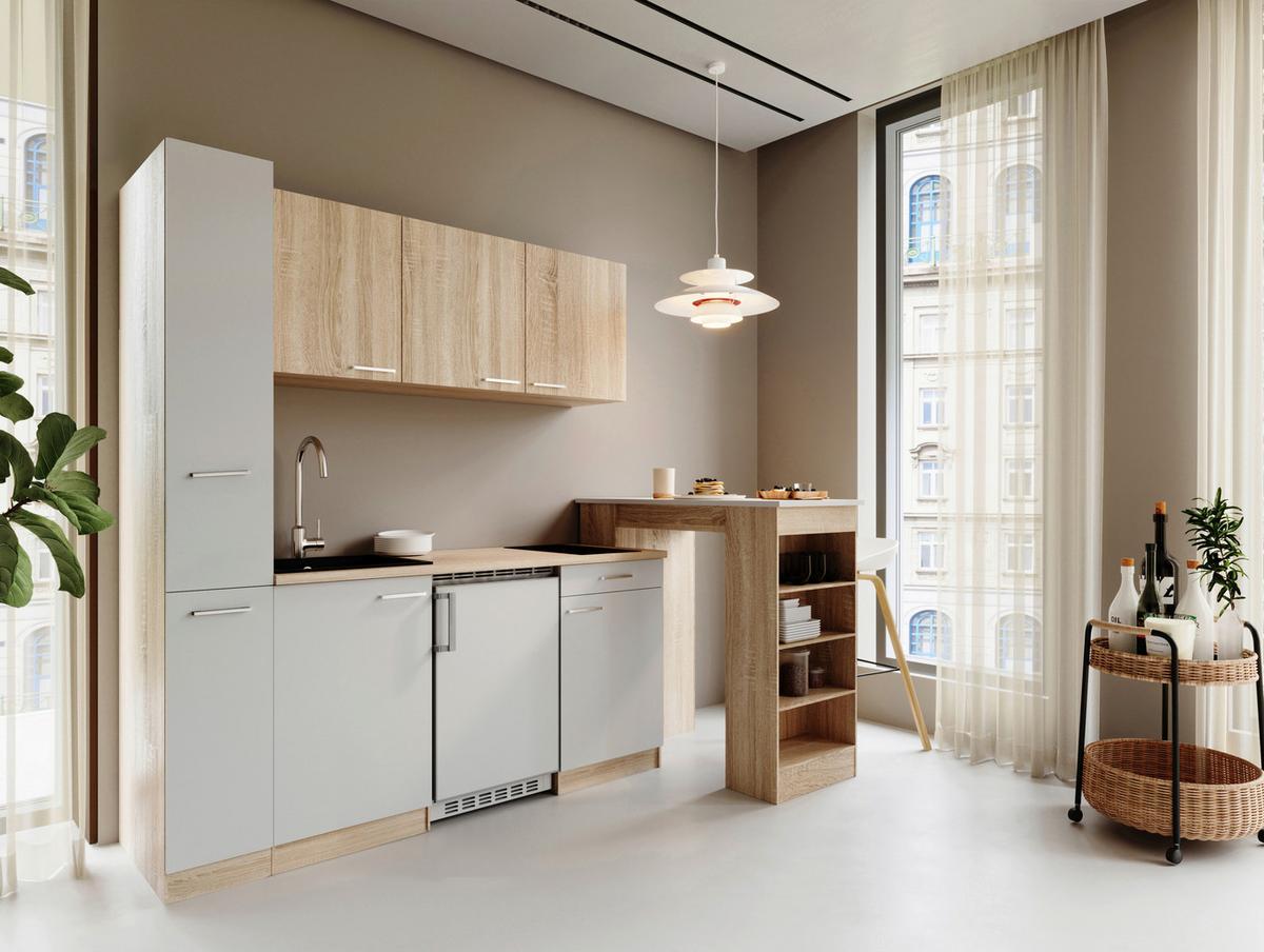 Küchenblock Ingrid m. Geräten Weiß - Eichefarben/Alufarben, Design, Holzwerkstoff/Kunststoff (180cm) - Respekta