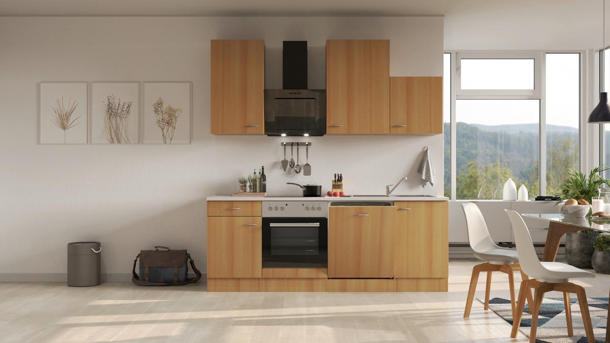 Küchenblock in Buche/Creme inkl. Geräte und Spüle 'Nano' - Edelstahlfarben/Beige, MODERN, Holzwerkstoff/Kunststoff (220cm) - FlexWell