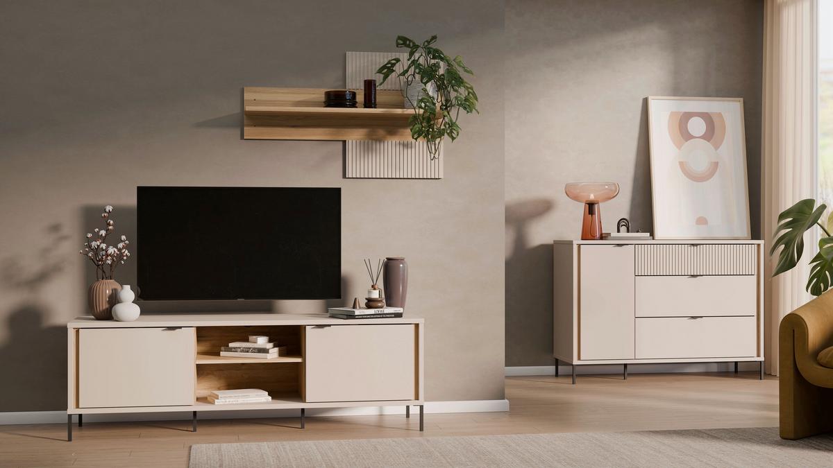 Comodă SERAVEL - culoare lemn stejar/nisipiu, Natur, metal/material pe bază de lemn (124,1/87,2/41,5cm) - Modern Living
