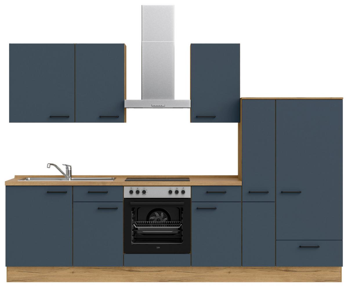 Küchenblock Easytouch Low m. Geräten Blau - Blau/Eichefarben, MODERN, Holzwerkstoff/Metall (300cm) - Nobilia