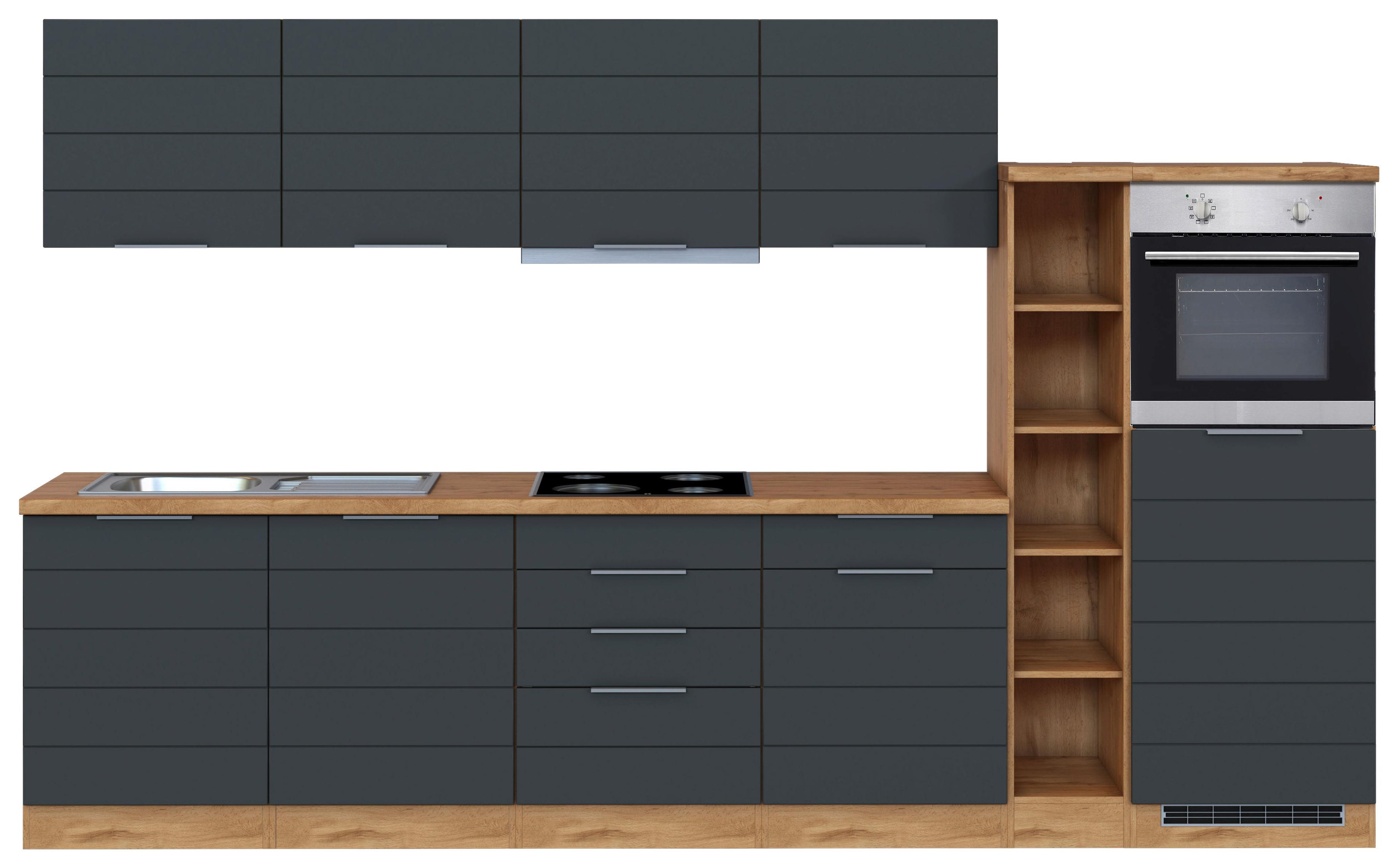 Küchenblock Florenz mit Geräten ca. 330 cm Grau/Eiche - Eiche Wotan/Grau, Design, Holzwerkstoff/Metall (330cm) - Held
