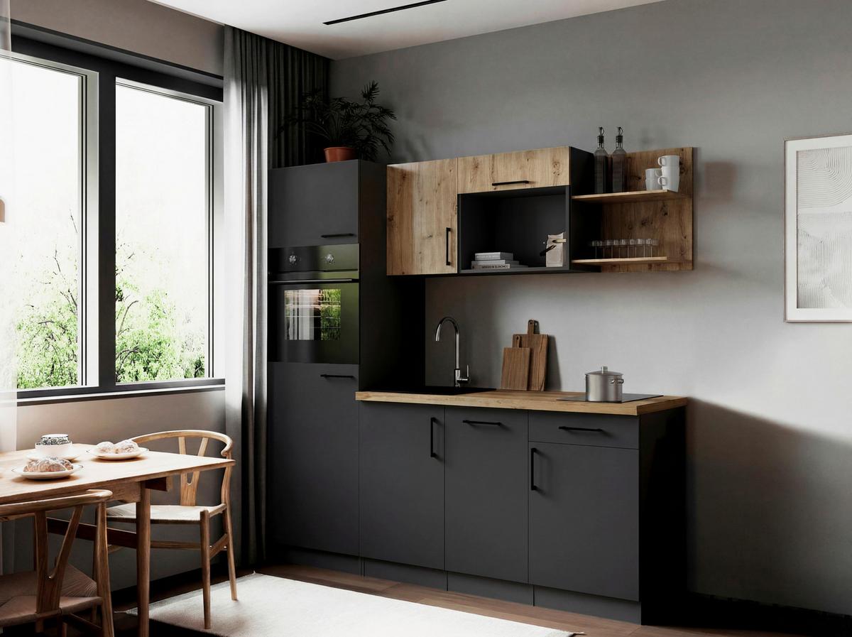 Küchenblock Oliver m. Geräten Grau - Eiche Artisan/Grau, Trend, Holzwerkstoff/Metall (205cm) - Respekta