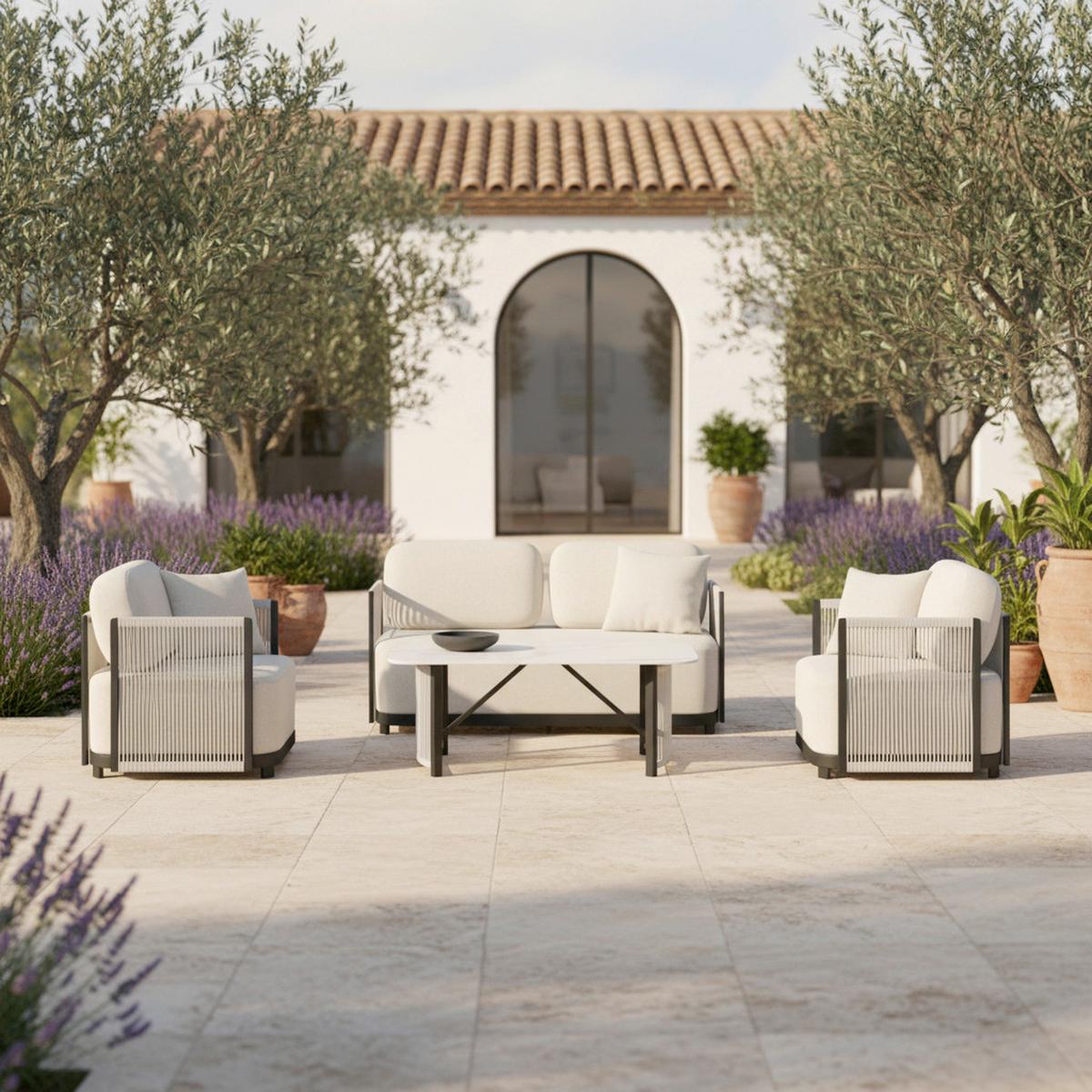 Loungegarnitur Coralie Creme Metall/Outdoorstoff +Abdeckung - Anthrazit/Creme, MODERN, Textil/Stein (155/62cm) - Bessagi Garden