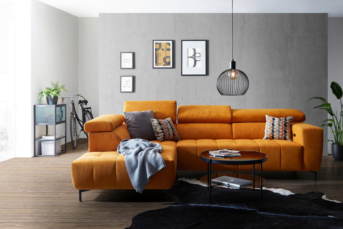 Wohnlandschaft Taragona in Gelb - Dunkelorange/Schwarz, Modern, Textil (201/295cm) - Premium Living
