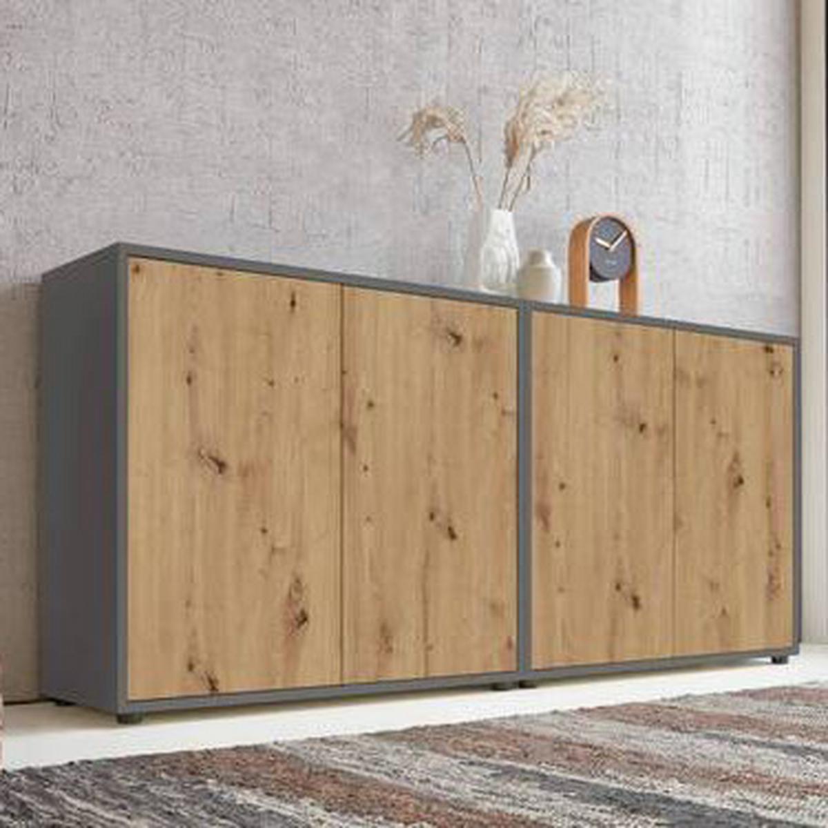 Sideboard Mailand Set 2 Anthrazit/Eiche - Anthrazit/Schwarz, MODERN, Holzwerkstoff/Kunststoff (158/73/33cm) - MID.YOU