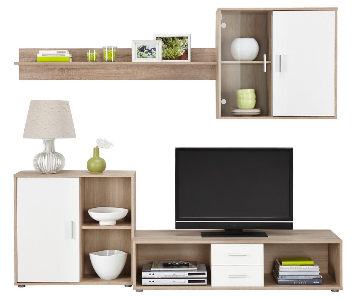 Wohnwand in Eichefarben - Weiss/Alufarben, Konventionell, Glas/Holz (218/190/42cm) - Based