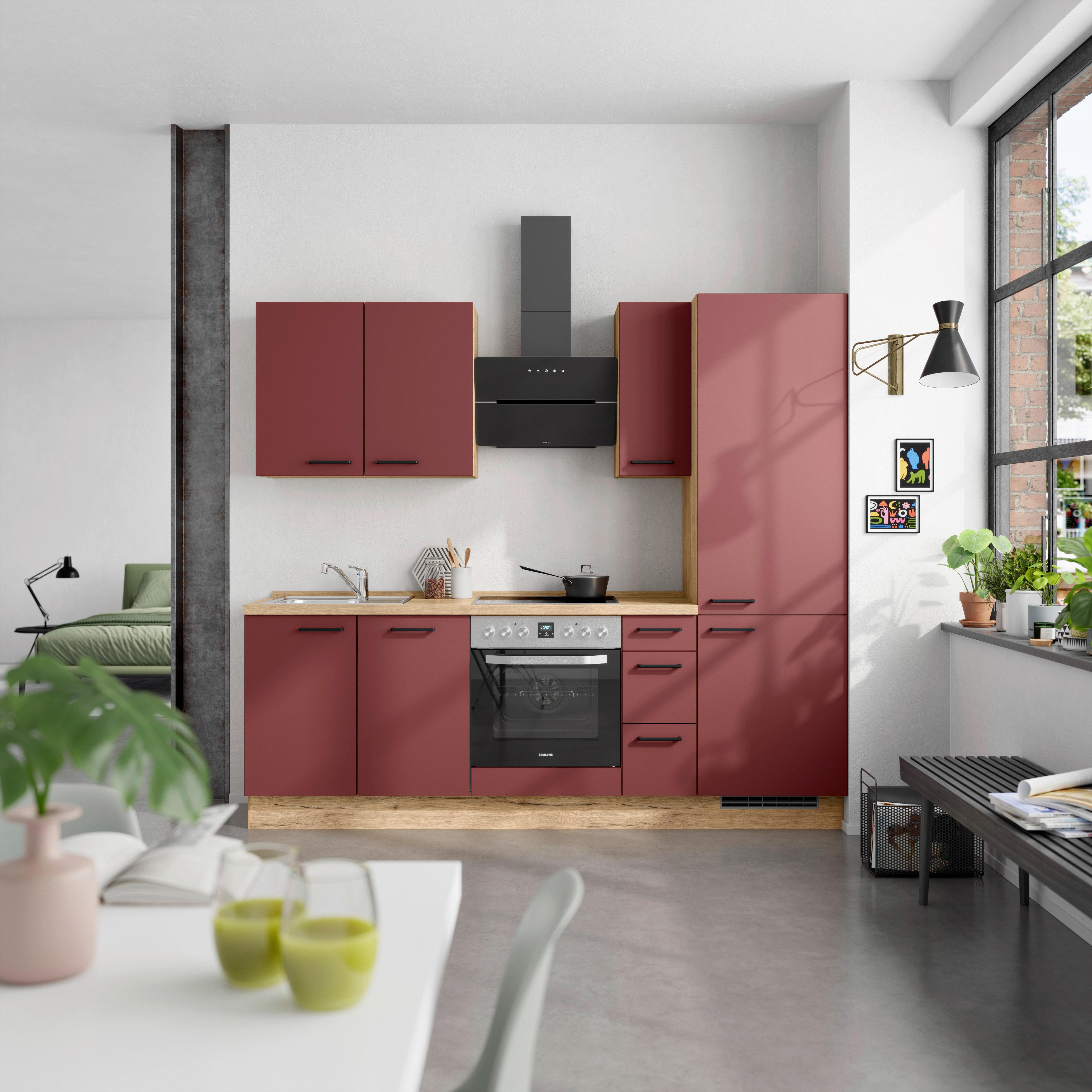 Küchenblock Easytouch High m. Geräten Dunkelrot - Eichefarben/Schwarz, MODERN, Holzwerkstoff/Metall (240cm) - Nobilia