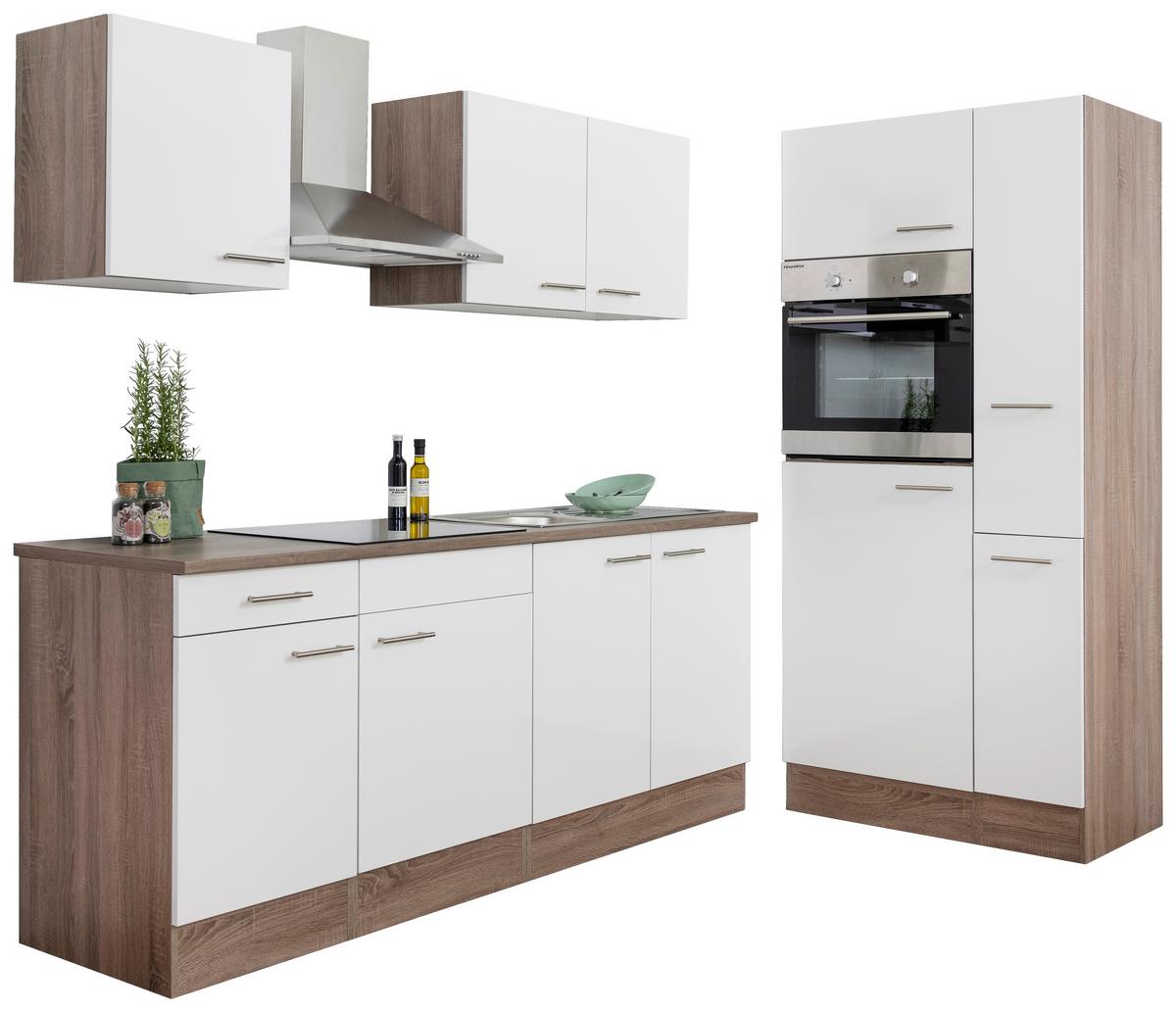 Küchenzeile Economy o. Geräte Weiß/Eiche B: ca. 300 cm - Eichefarben/Silberfarben, Basics, Holzwerkstoff/Metall (300/205/60cm) - Respekta