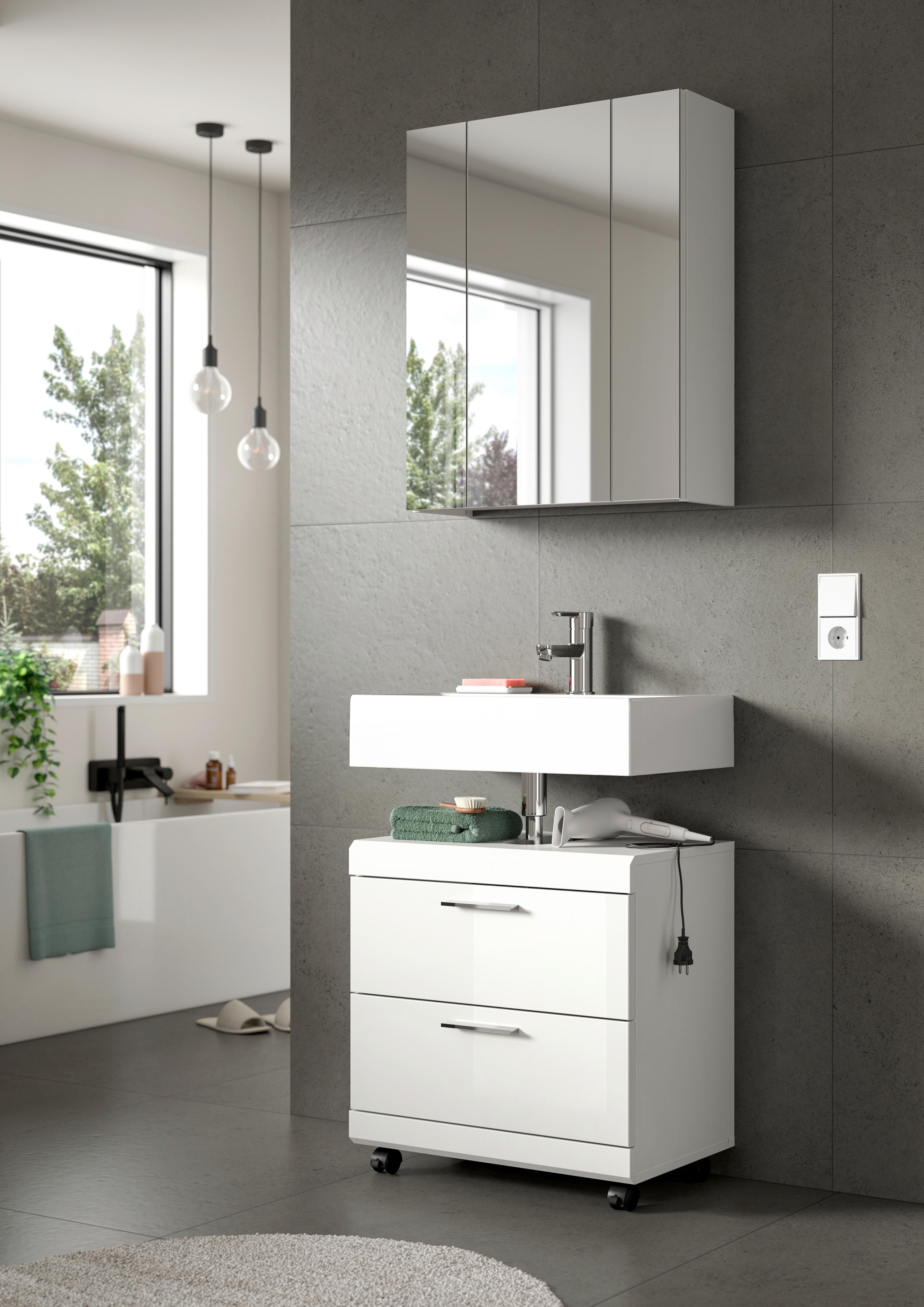 Badezimmer Scout Weiß/Weiß Hochglanz 2-teilig - Weiß Hochglanz/Silberfarben, Trend, Glas/Holzwerkstoff (60cm) - MID.YOU