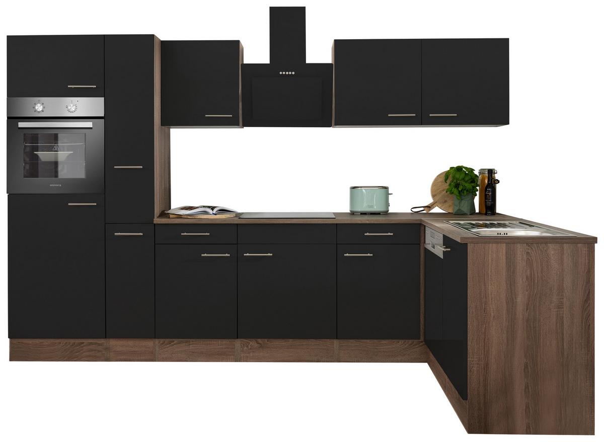 Eckküche Oliver mit Geräten ca. 310x172 cm Schwarz - Eichefarben/Schwarz, Basics, Holzwerkstoff/Metall (310/172cm) - Respekta