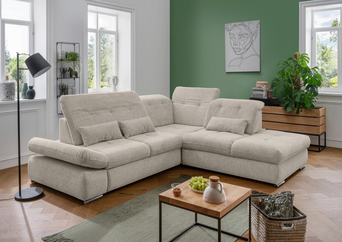 Ecksofa Dalida Beige Chenille m. Bettkasten - Chromfarben/Beige, Design, Textil/Metall (280/254cm) - Livetastic