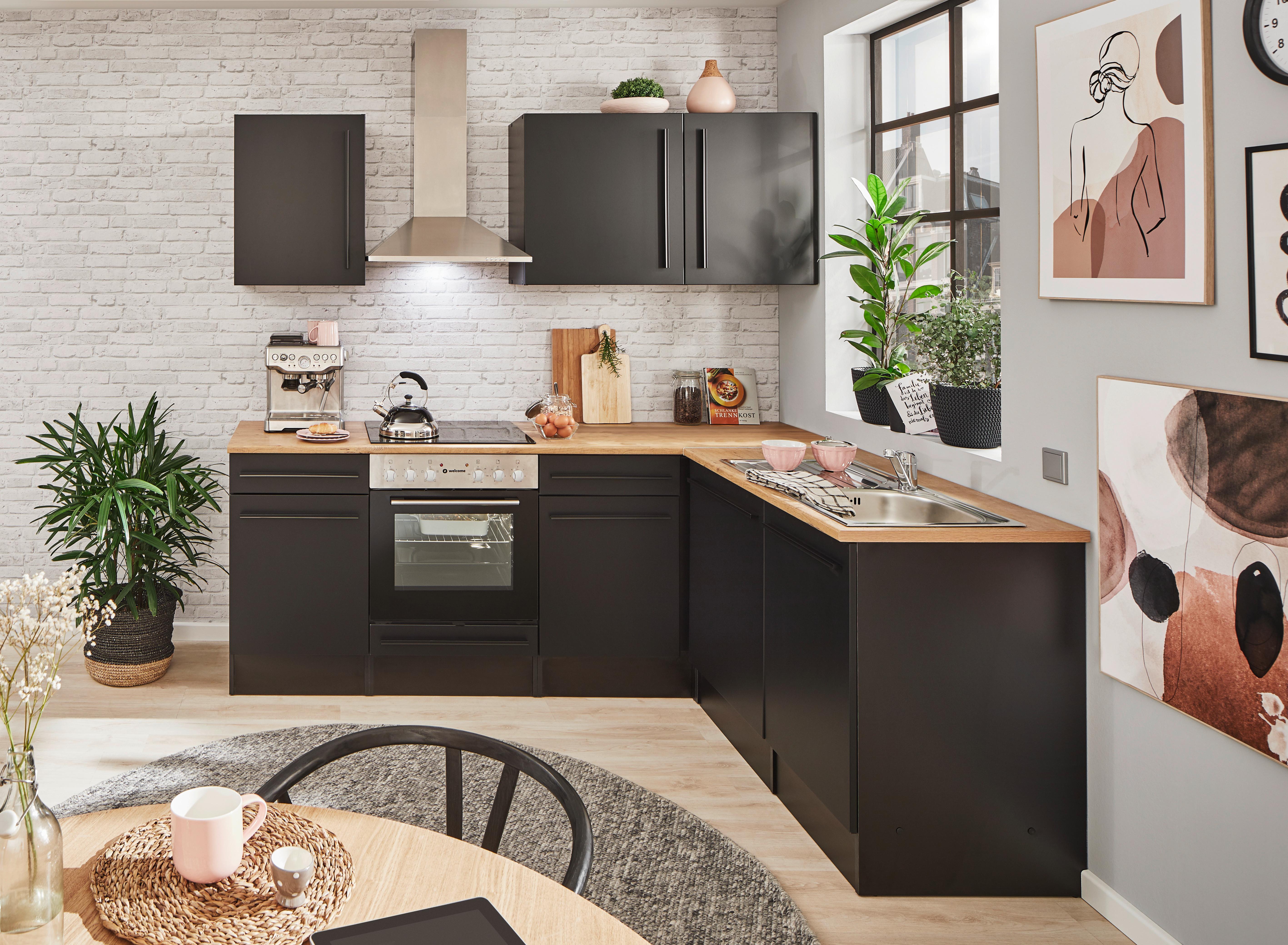 Eckküche Jazz mit Geräten ca.220x175cm Schwarz - Eichefarben/Schwarz, LIFESTYLE, Holzwerkstoff/Kunststoff (220/175/60/60cm) - P & B