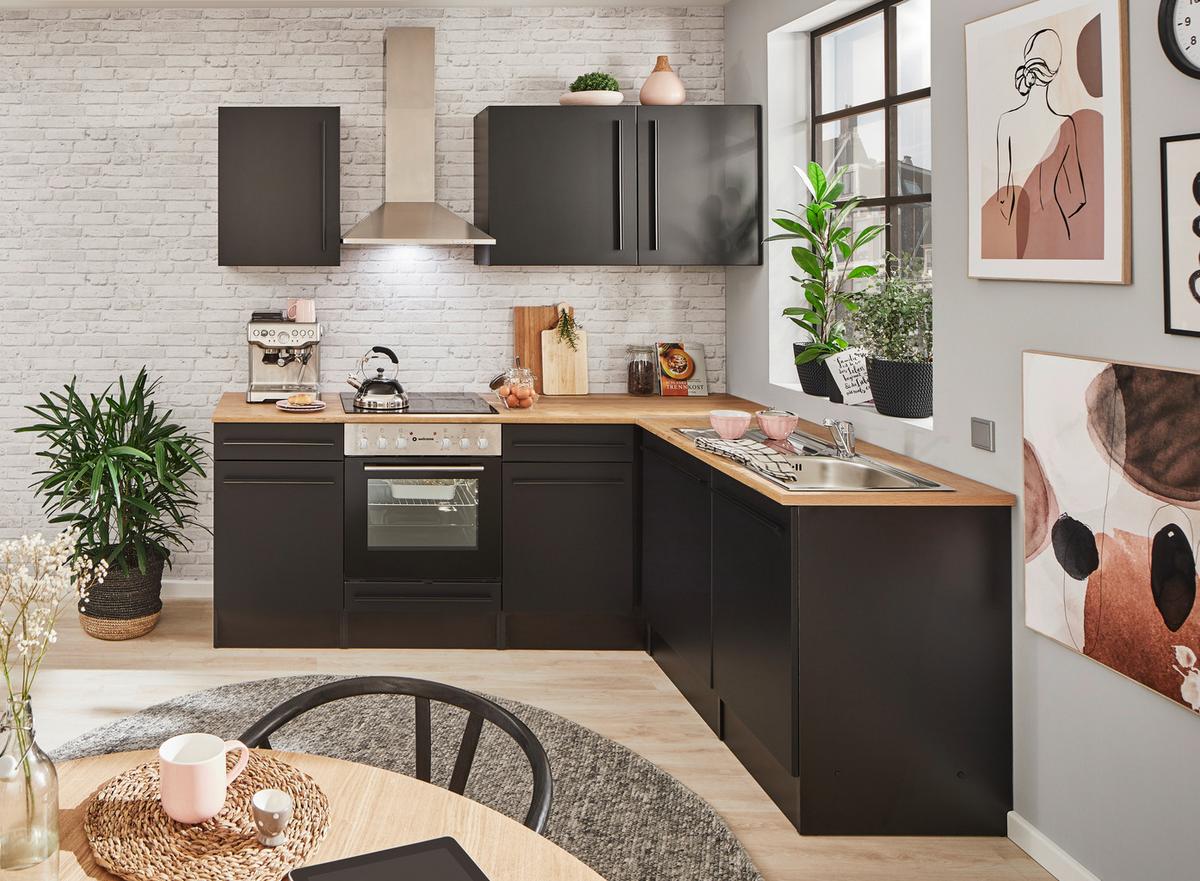 Eckküche Jazz mit Geräten ca.220x175cm Schwarz - Eichefarben/Schwarz, LIFESTYLE, Holzwerkstoff/Kunststoff (220/175/60/60cm) - P & B