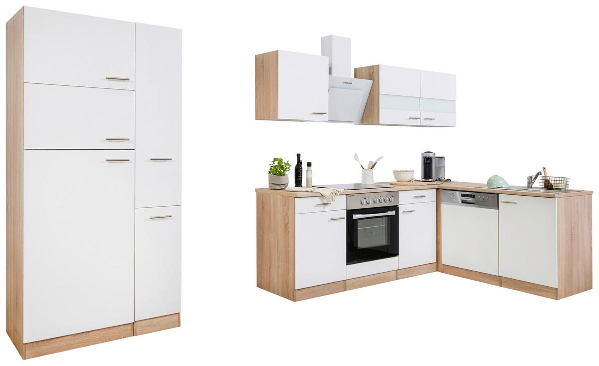 Eckküche Economy Weiß/ Eichefarben ca. 310x200 cm - Edelstahlfarben/Eichefarben, Basics, Holzwerkstoff/Metall (310/200/172cm) - Respekta