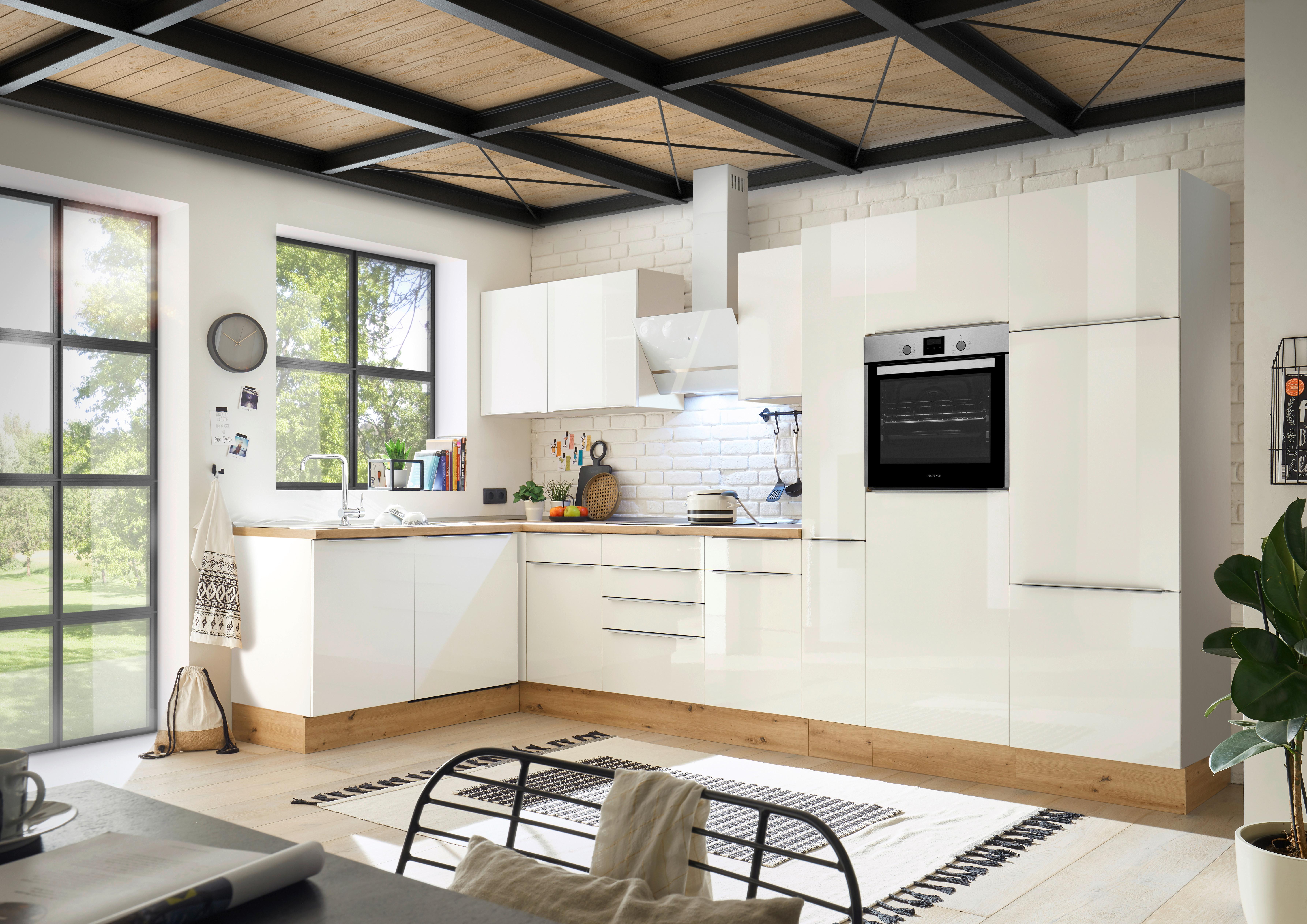 Eckküche Marleen mit Geräten Weiß Hochgl/Eiche ca.370x170cm - Weiß Hochglanz/Alufarben, LIFESTYLE, Holzwerkstoff/Kunststoff (170/370cm) - Respekta