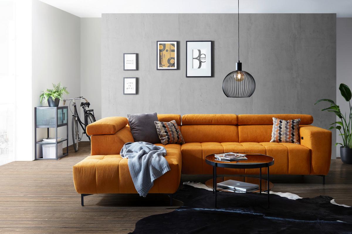 Wohnlandschaft Taragona in Gelb - Dunkelorange/Schwarz, Modern, Textil (201/295cm) - Premium Living