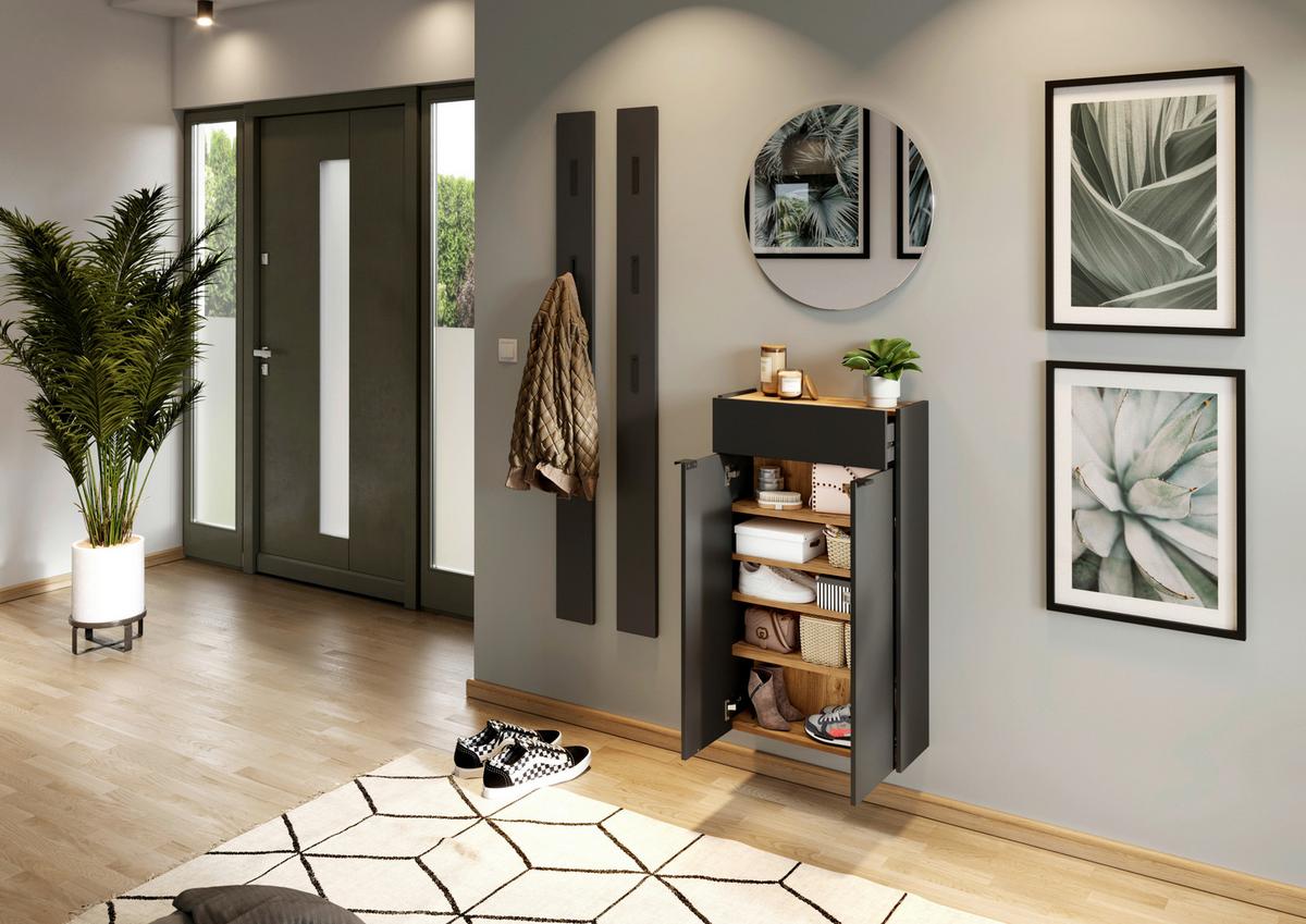 SZAFKA NA BUTY GW-AMECA - kolor dębowy/czarny, Design, materiał drewnopochodny/tworzywo sztuczne (56/97/22cm)