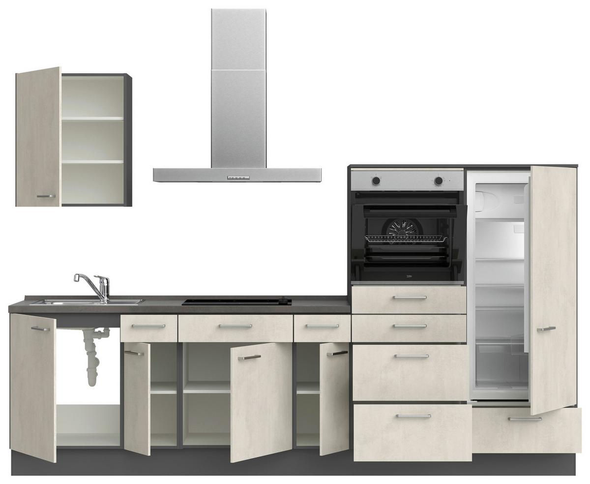 Küchenblock Riva Low m. Geräten Weiß - Schieferfarben/Edelstahlfarben, MODERN, Holzwerkstoff/Metall (300cm) - Nobilia
