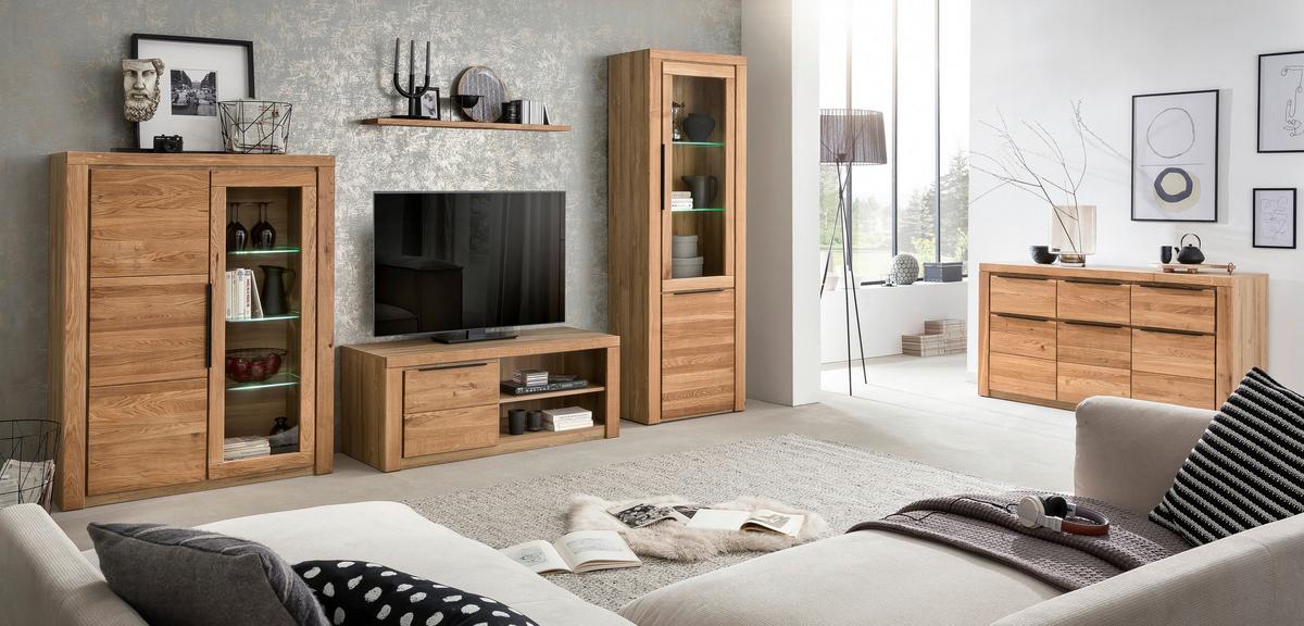 KOMODA SZEROKA GRETA - kolor dębowy/czarny, Natur, materiał drewnopochodny/metal (160/80/40cm) - Carryhome