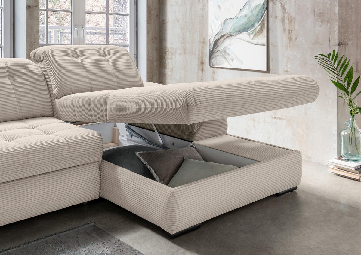 Ecksofa mit Bettkasten Rigatti ca. 314x184 cm Beige - Beige/Schwarz, MODERN, Textil/Metall (314/184cm) - Livetastic