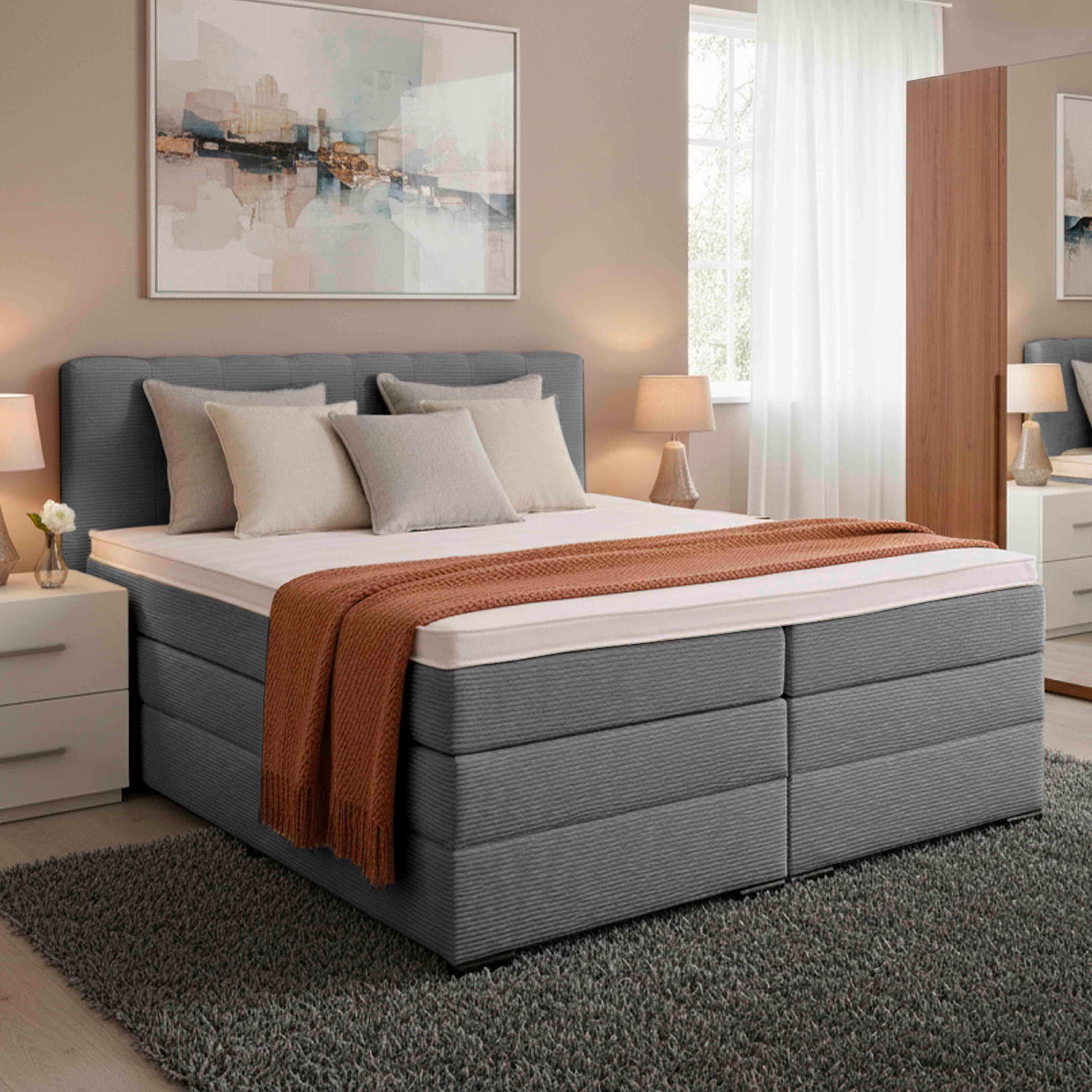 Boxspringbett Malaga ohne Fußteil Grau ca. 180x200cm - Dunkelgrau/Silberfarben, KONVENTIONELL, Holzwerkstoff/Kunststoff (180/200cm) - Premium Living