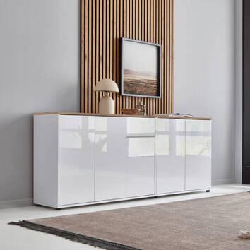 Sideboard Mailand Set 10 Weiß/Eiche - Weiß Hochglanz/Schwarz, MODERN, Holzwerkstoff/Kunststoff (184,5/73/33cm) - MID.YOU
