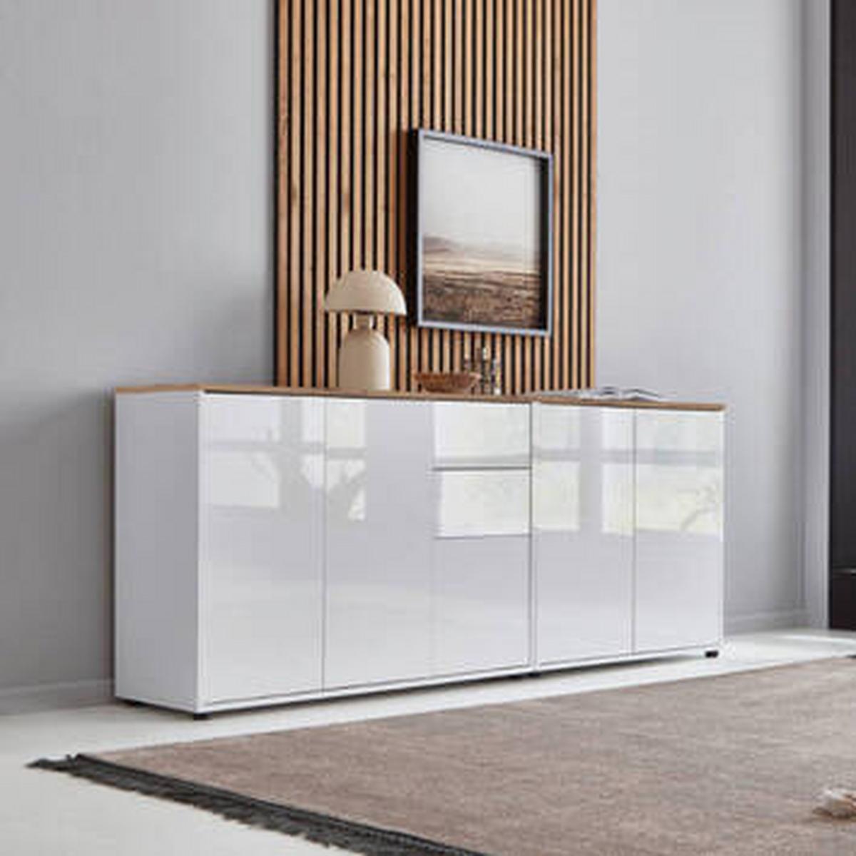 Sideboard Mailand Set 10 Weiß/Eiche - Weiß Hochglanz/Schwarz, MODERN, Holzwerkstoff/Kunststoff (184,5/73/33cm) - MID.YOU