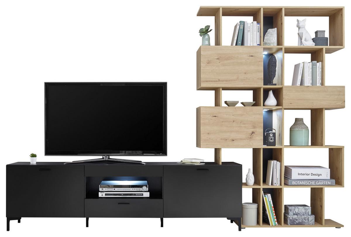 Nappali Szekrénysor Fly - tölgyfa színű/fekete, Design, műanyag/faalapú anyag (290/195/40cm) - MID.YOU